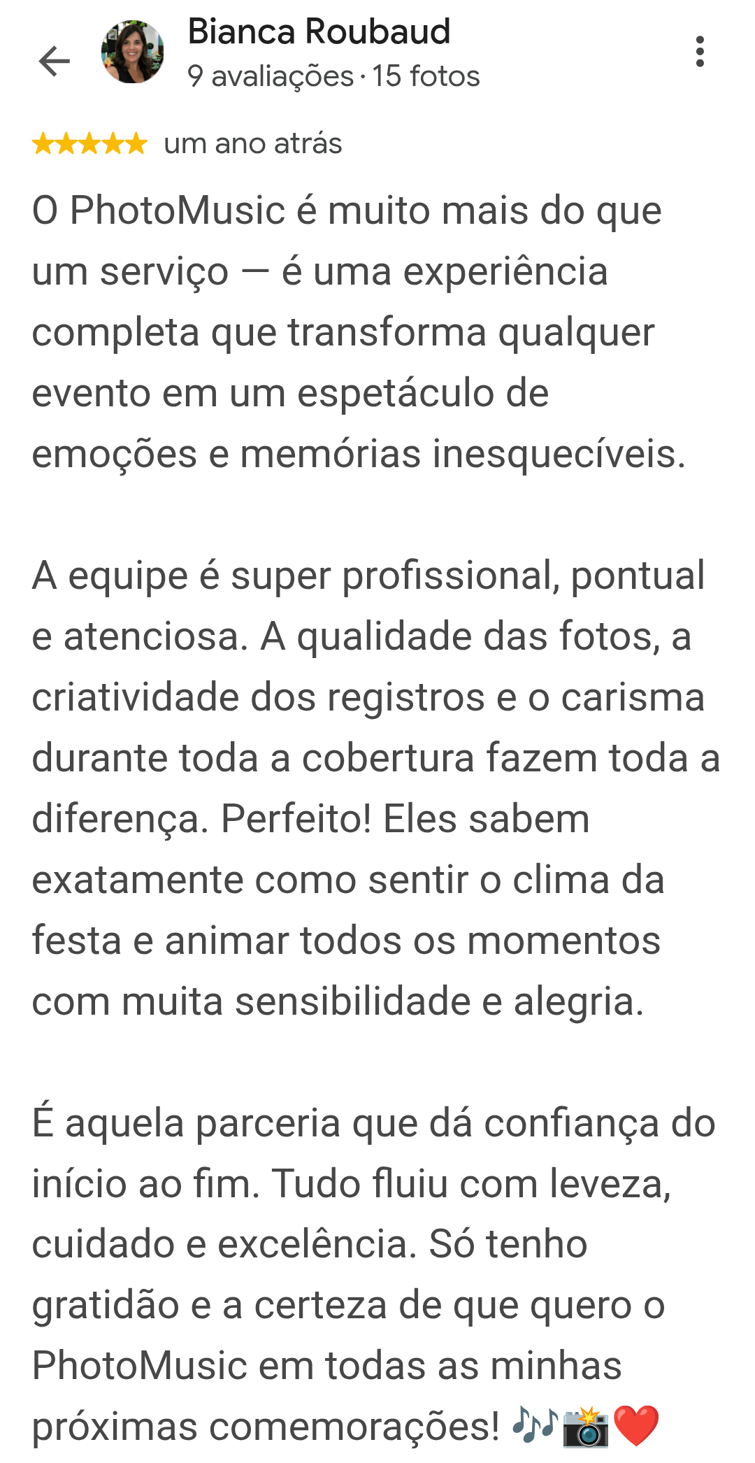 Avalia&ccedil;&atilde;o 5 estrelas no Google elogiando o atendimento da equipe da PhotoMusic