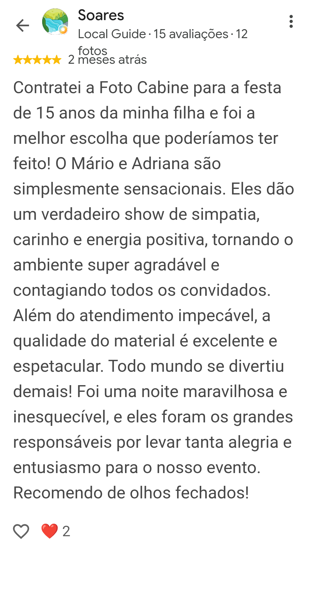 Avalia&ccedil;&atilde;o 5 estrelas no Google elogiando a pontualidade e a organiza&ccedil;&atilde;o