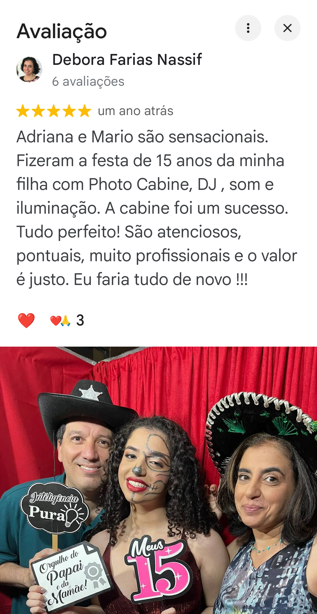 Avalia&ccedil;&atilde;o 5 estrelas no Google elogiando a experi&ecirc;ncia da foto cabine no evento